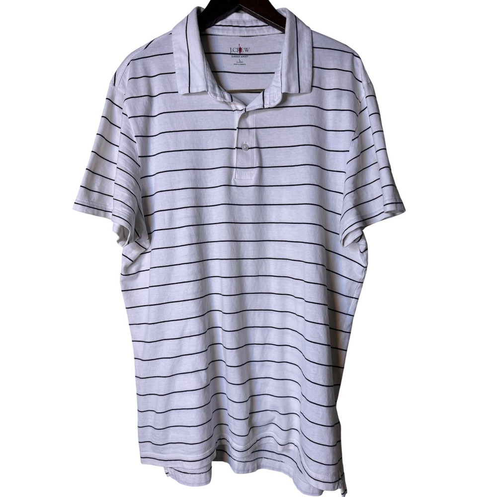 J.Crew Mens Sueded Jersey Polo Shirt Large White Navy Blue Striped Classic Fit